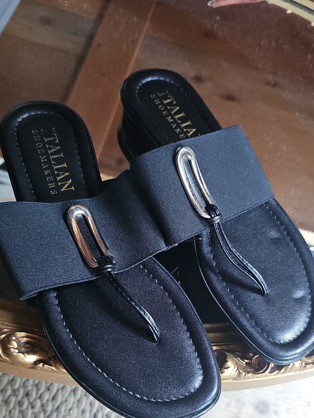 Italian Shoemakers Black Bow Thong Slide Sandals with Silver Accents
